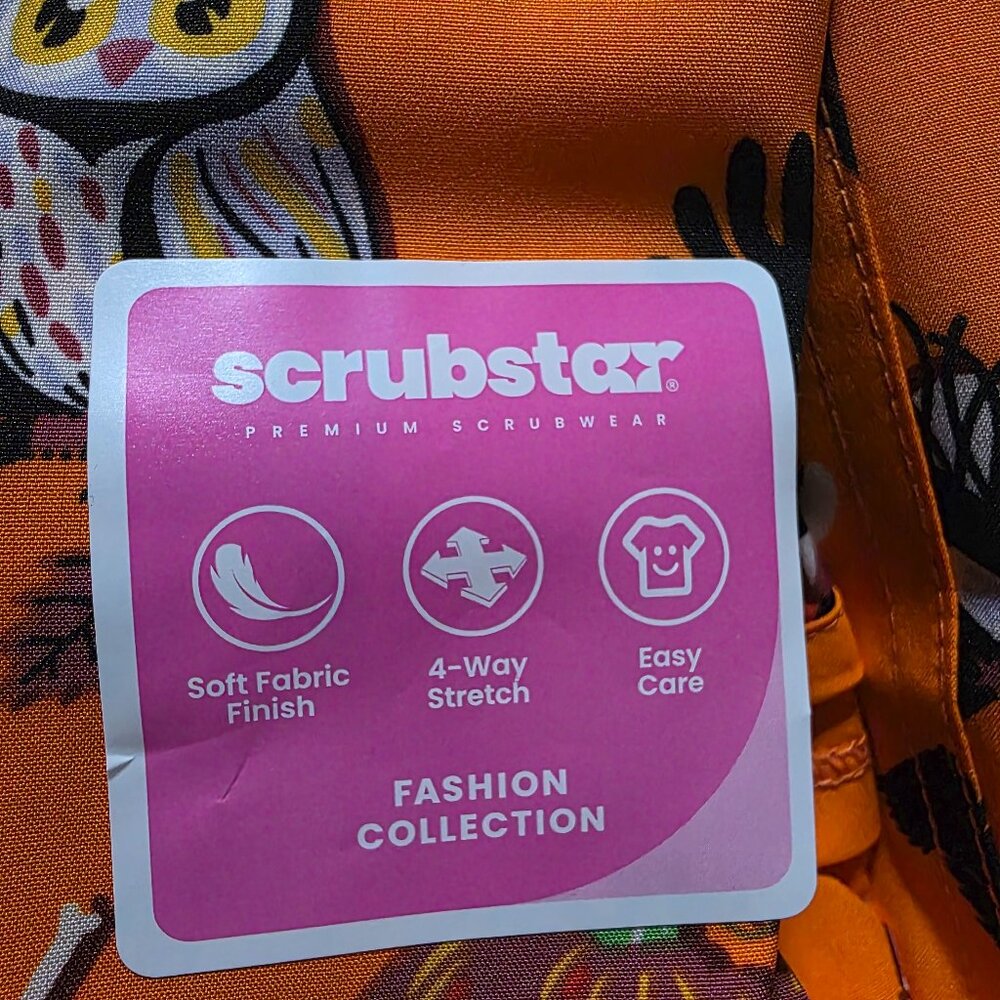 Scrubstar Cat Spider Skeleton V Neck Print Scrub Top​ Womens Orange Soft Fabric - Picture 3 of 10